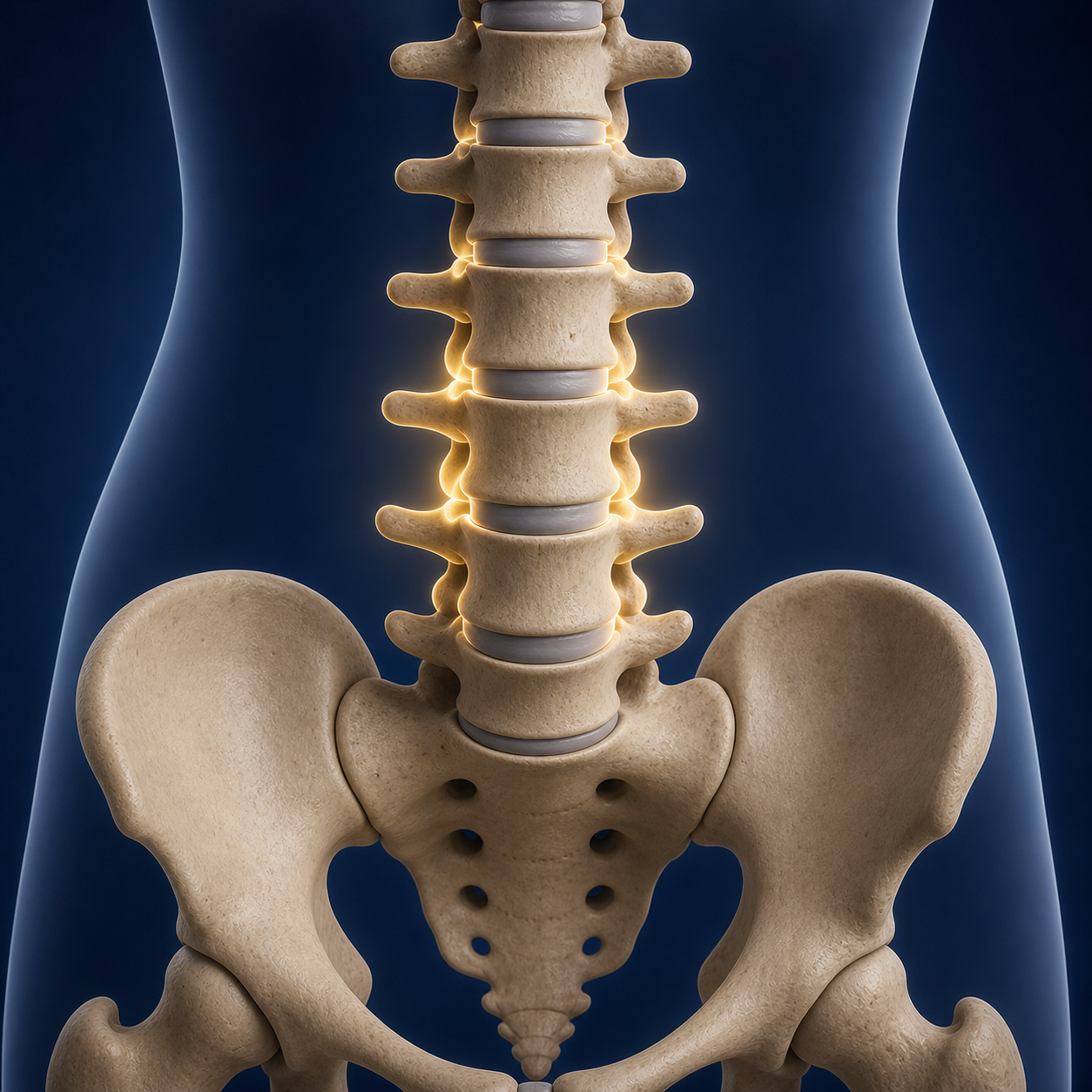 Anatomical illustration of the lumbar spine and lower back
