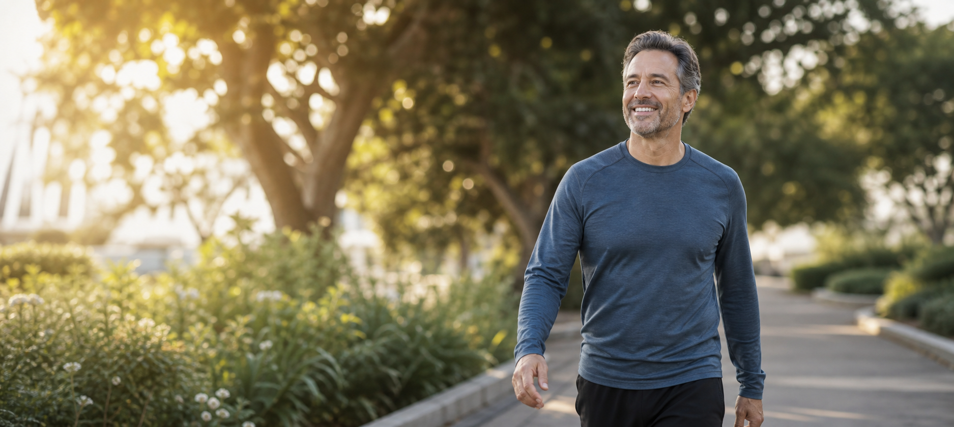 Active adult walking confidently outdoors in warm natural light